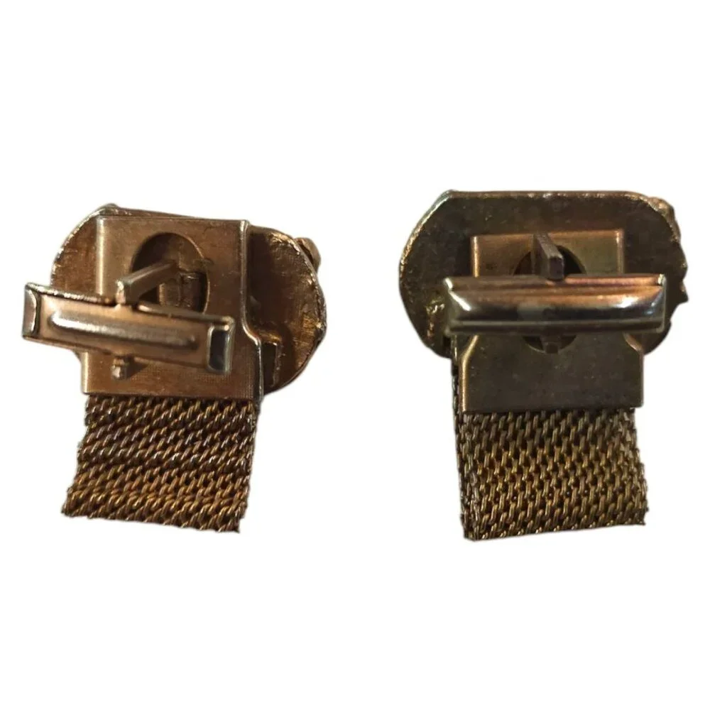 Vintage Cats Eye Chainmail Cufflinks Rectangle Bronze Tone Men Brown MCM Jewelry